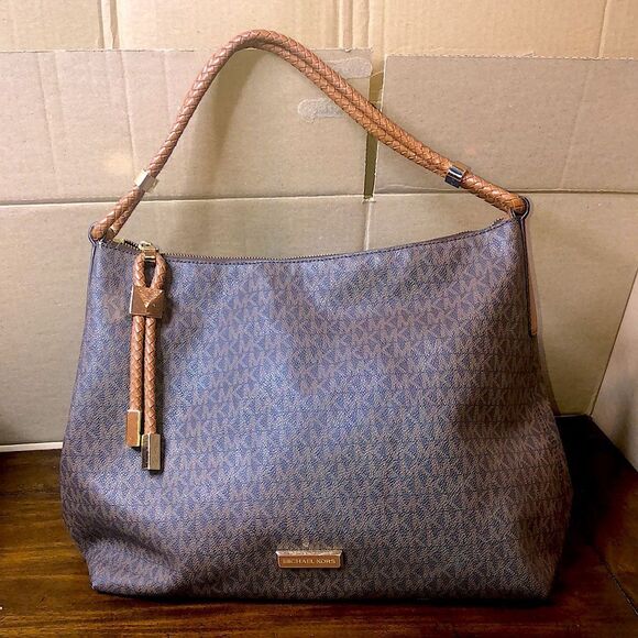 MICHAEL KORS Brown Monogram Top Zip Close Bag with Woven Leather Shoulder Strap